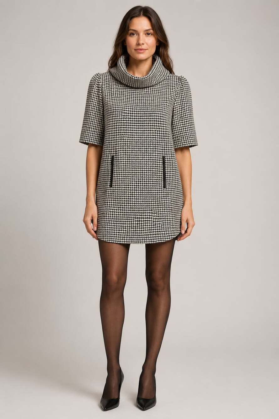 Carlisle Black and White Houndstooth Turtleneck Dress with Pockets